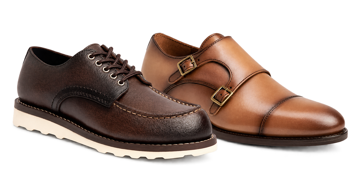 Moc toe and double monk shoes side by side
