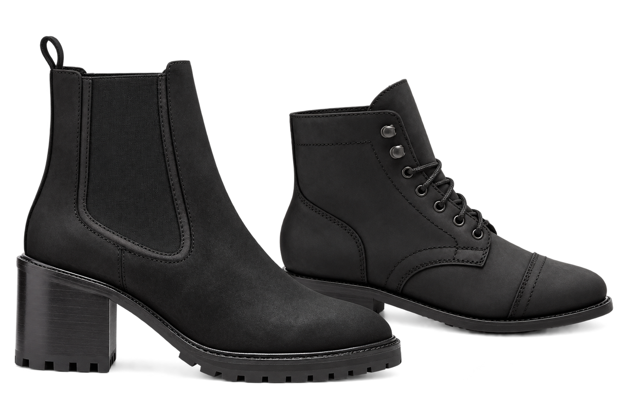 Heeled Chelsea and lace-up cap toe boots side by side