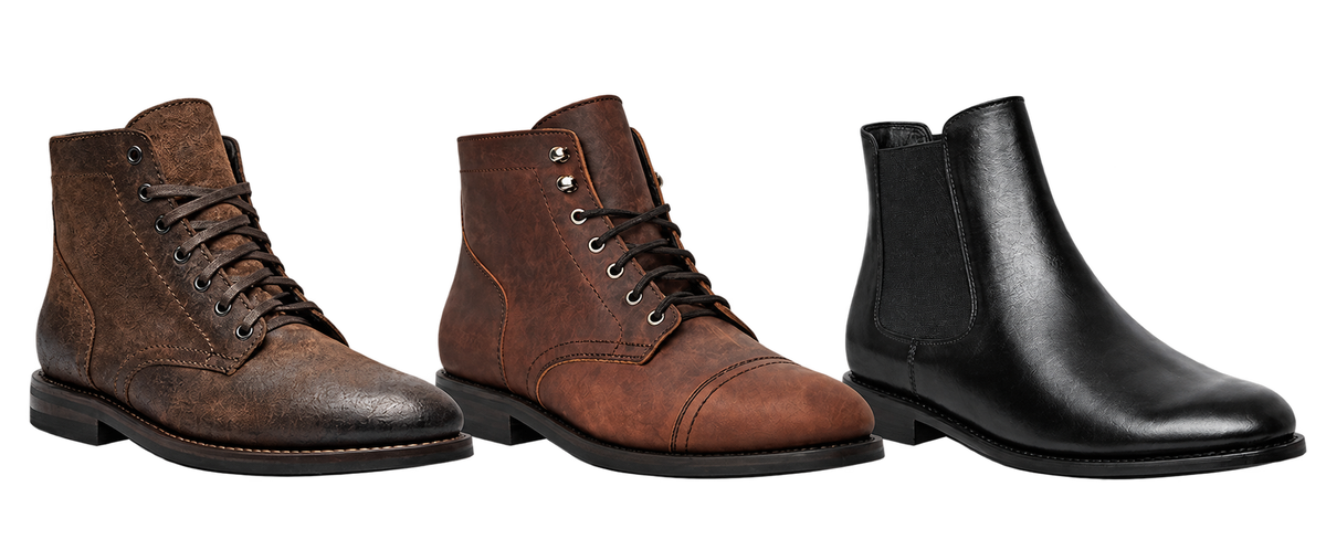 Mocha suede, Brandy cap toe and black Chelsea boots