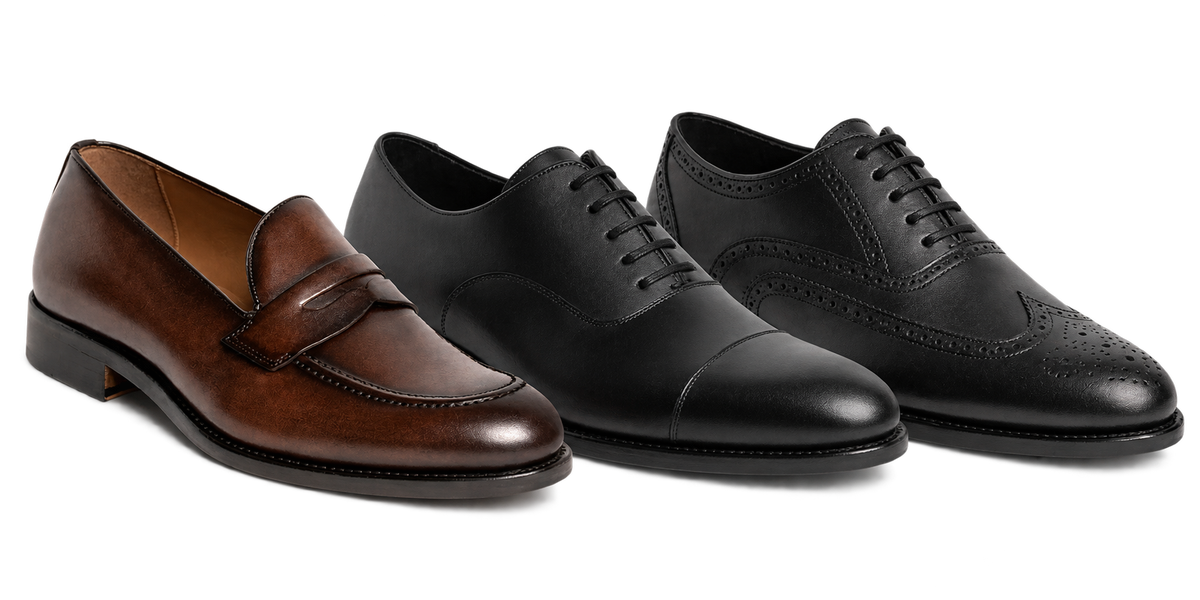 Brown loafer, black Oxford and wingtip shoes