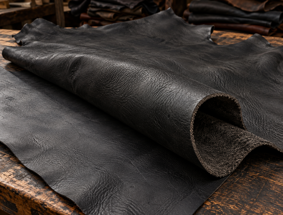 Full-grain leather hide showing natural grain texture, thickness and fibrous underside