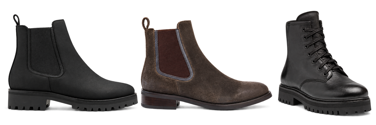 Black Chelsea, brown suede and black combat boots for women