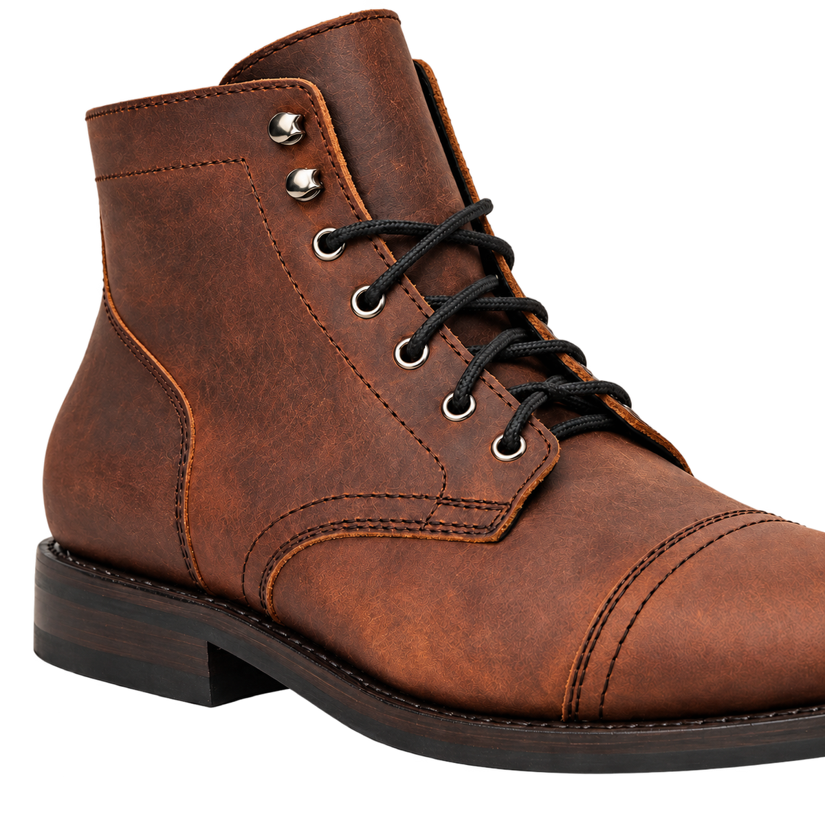 Captain boot detail showing the stitched cap toe