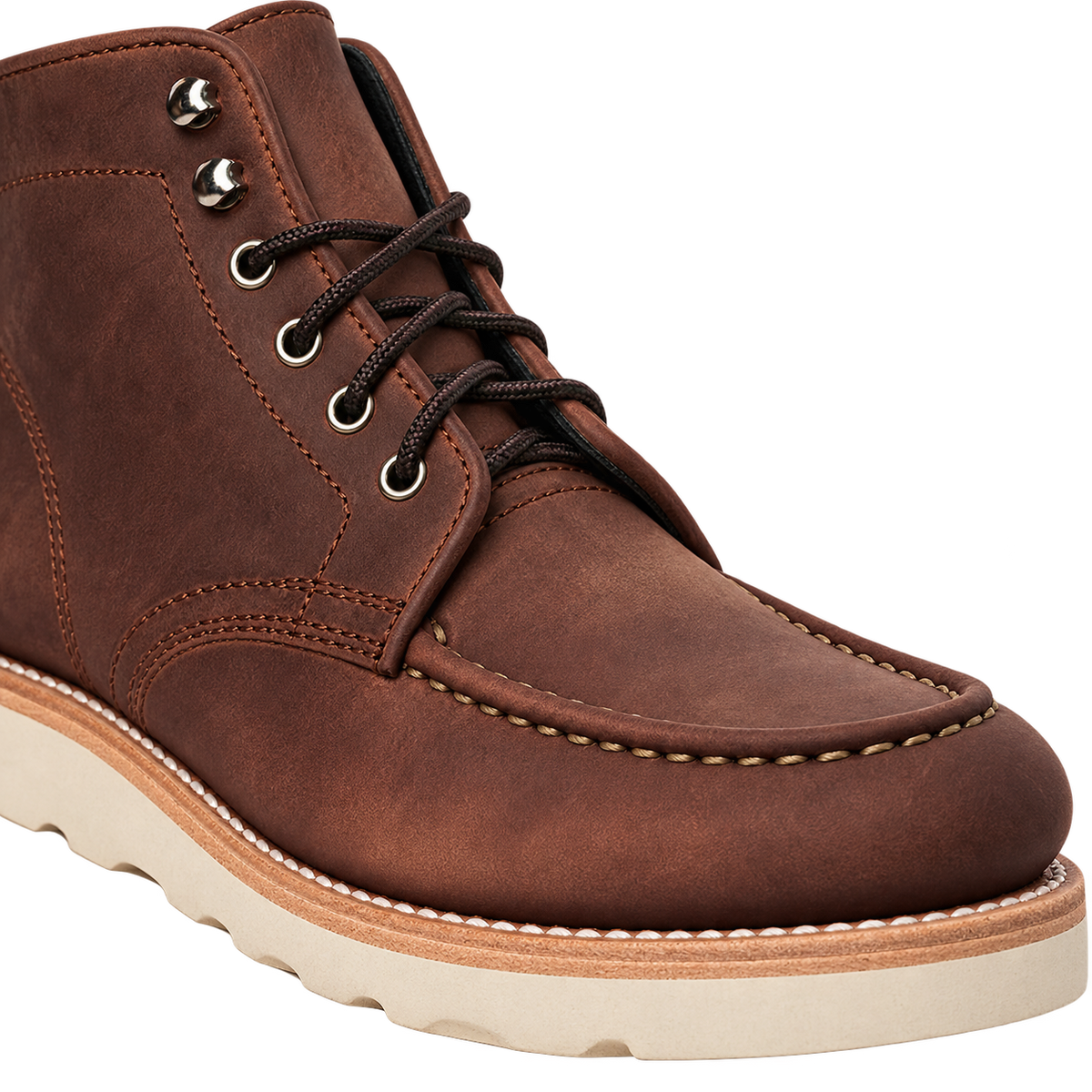 Diplomat boot detail showing the stitched moc toe and wedge sole