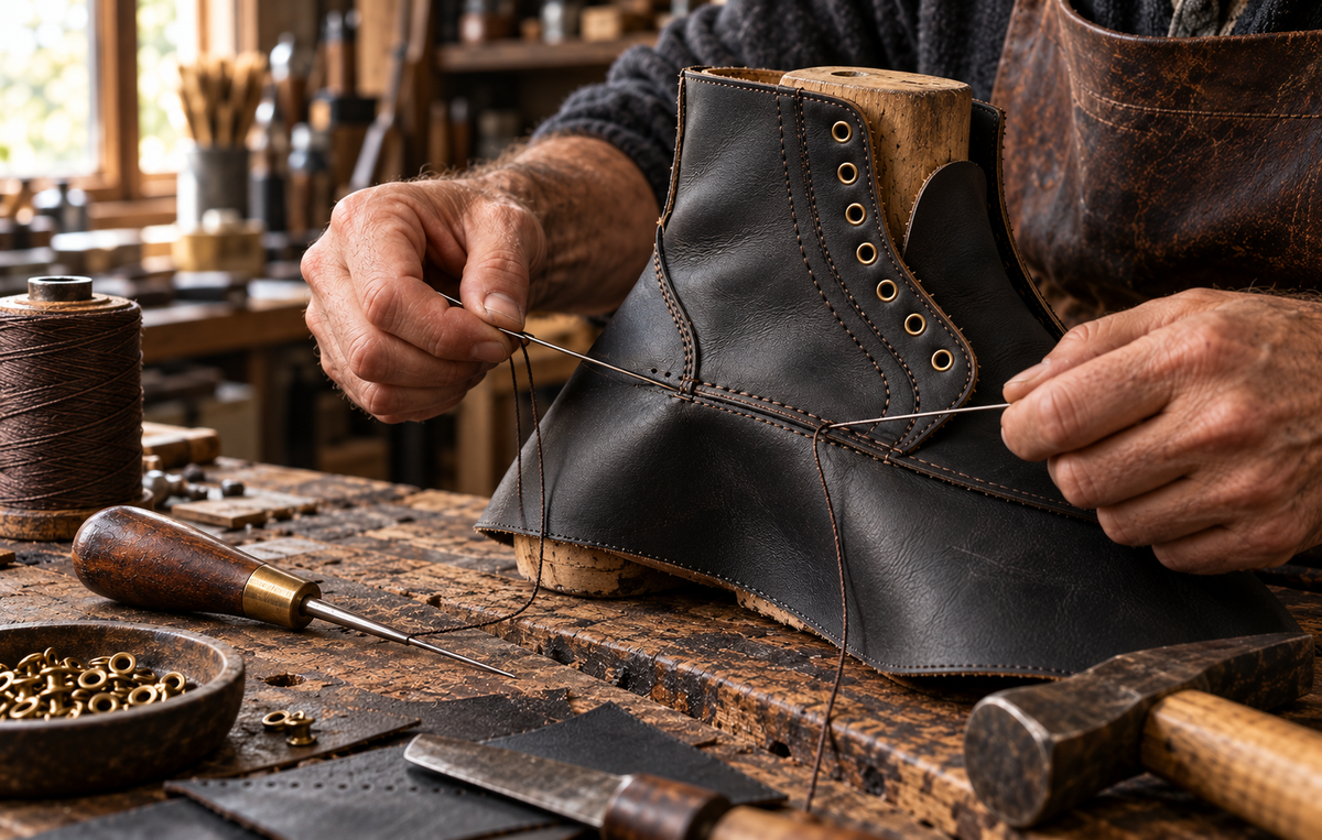 Artisan stitching the upper of a leather boot on a wooden last in a workshop